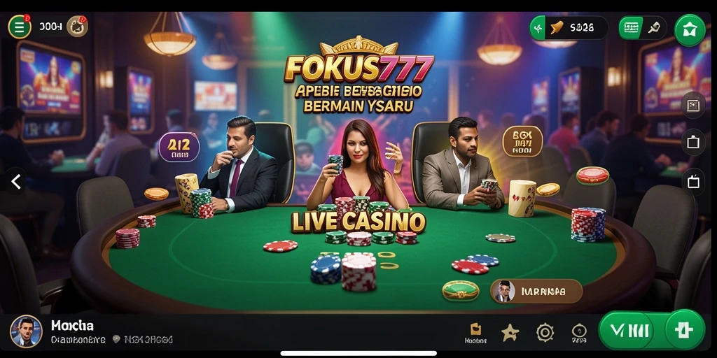 Screenshot gameplay FOKUS777 yang menunjukkan dealer dan pemain sedang berinteraksi.