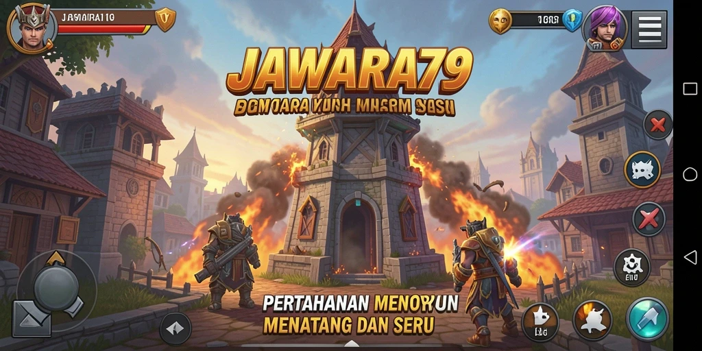 Screenshot gameplay JAWARA79 menampilkan pertarungan menara yang mendebarkan.