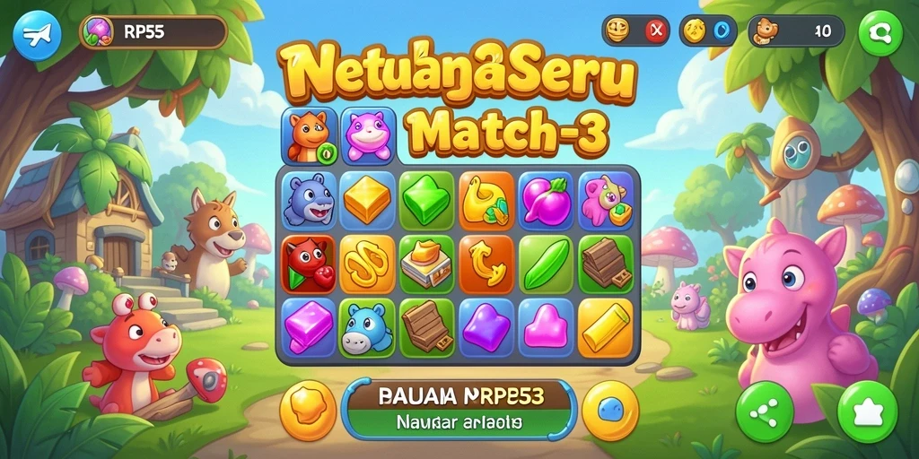Tangkapan layar menunjukkan gameplay seru dari RP55 dengan elemen match-3 yang penuh warna.