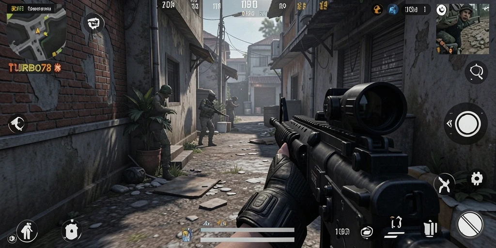 Tangkapan layar menunjukkan aksi seru dalam gameplay FPS TURBO78.