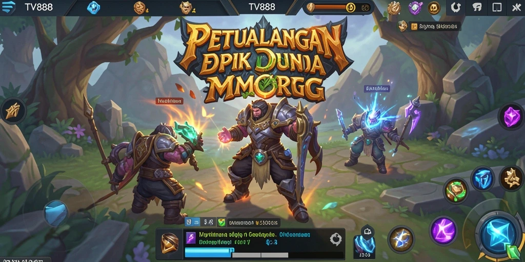 Screenshot gameplay TV888 dengan karakter yang bertarung di dunia MMORPG.