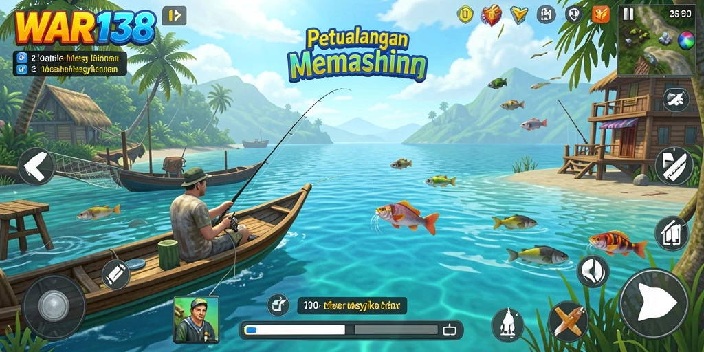 Tampilan utama gameplay WAR138 dengan berbagai ikan yang menanti untuk ditangkap.
